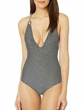 MIKOH Swim Huli Black White Striped One-Piece Swimsuit Racer back strap Deep V